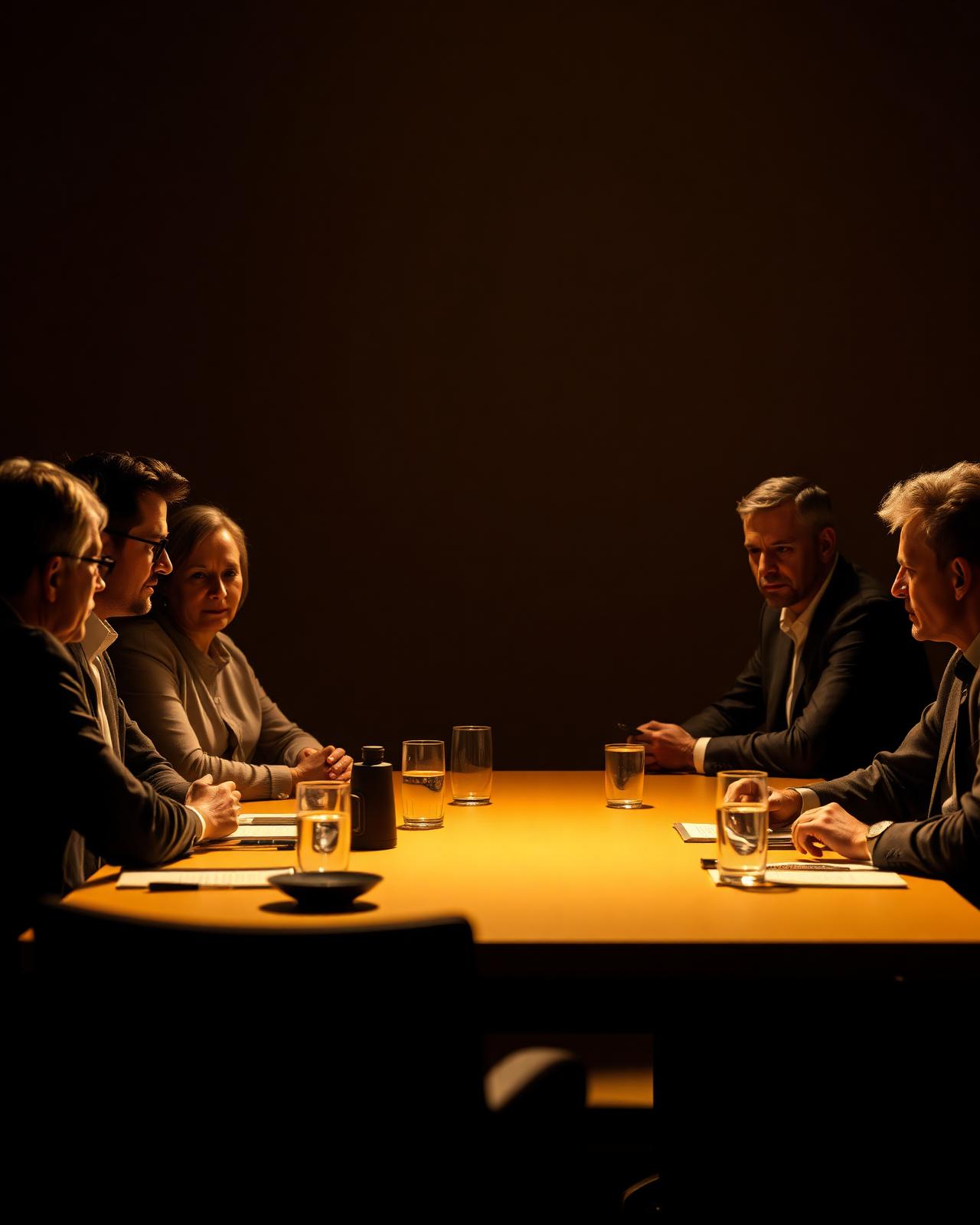 Senior executives in a considered strategy program around a warm-lit table