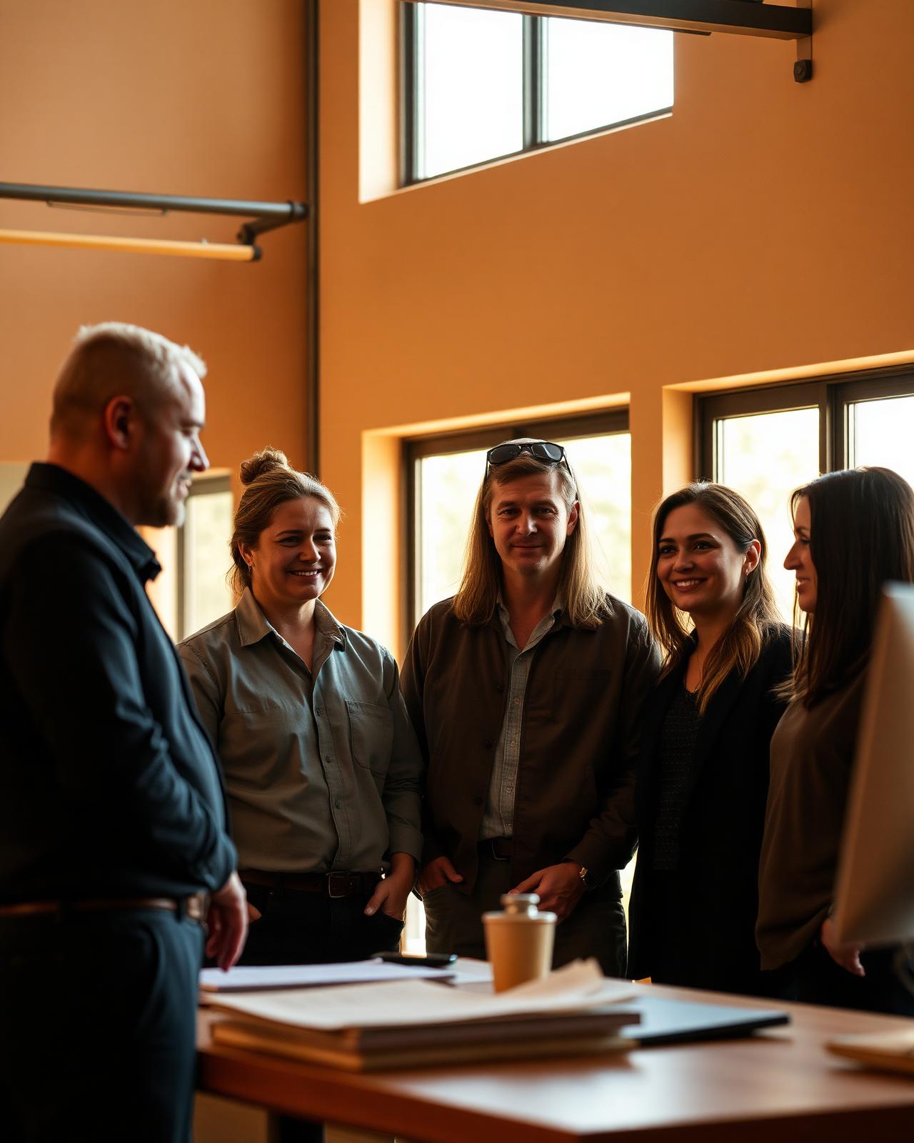 A supervisor mentoring a small team in a warm, light-filled worksite office