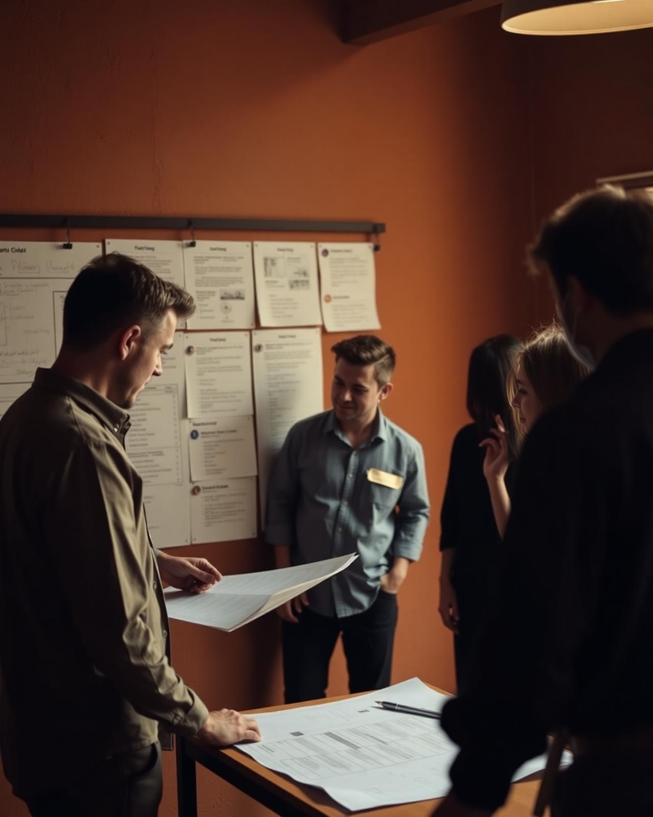 A diverse project team collaborating around plans and a wall of notes