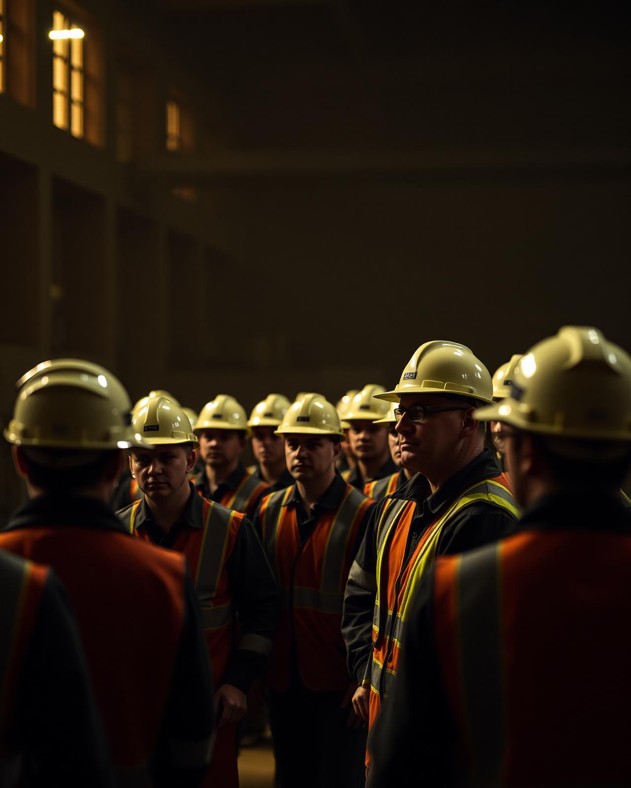 A large workforce training session in an industrial setting with hi-vis and hard hats