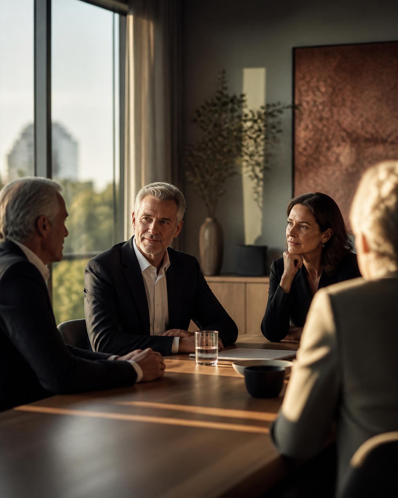 Senior leaders in considered discussion around a boardroom table at golden hour