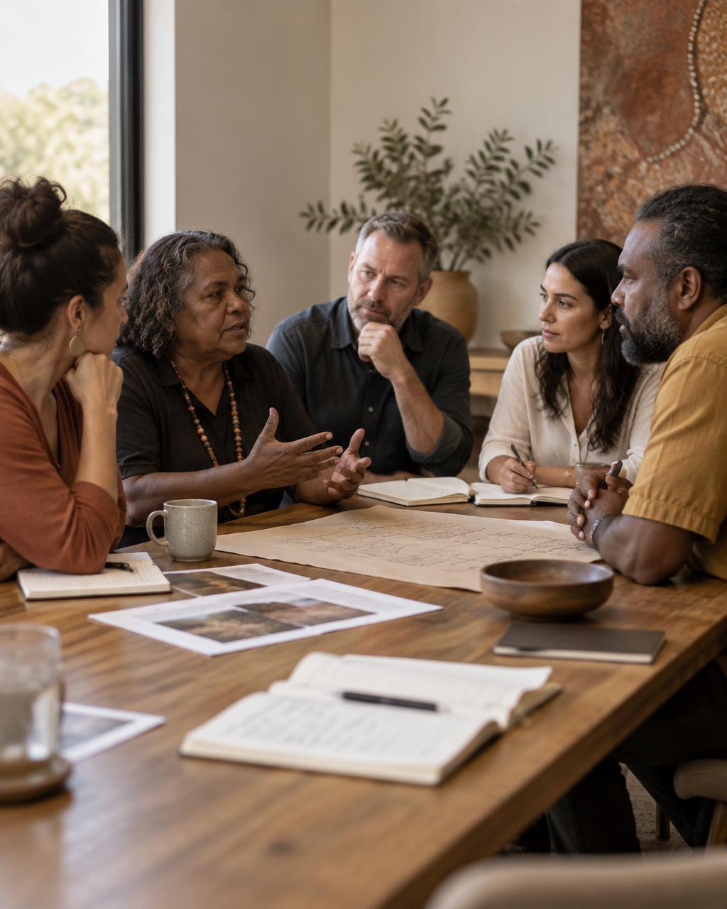 A small group of Australian business leaders in conversation around a timber table with notebooks and documents